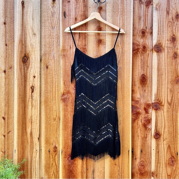 Black Sequin Fringe Flapper Mini Cocktail Dress 🌿 - Picture 6 of 10